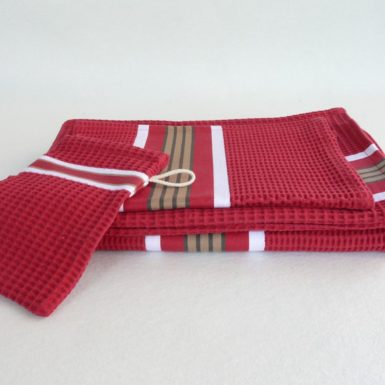 Set drap de bain, serviette, gant de toilette en coton rouge tuile NID D'ABEILLE