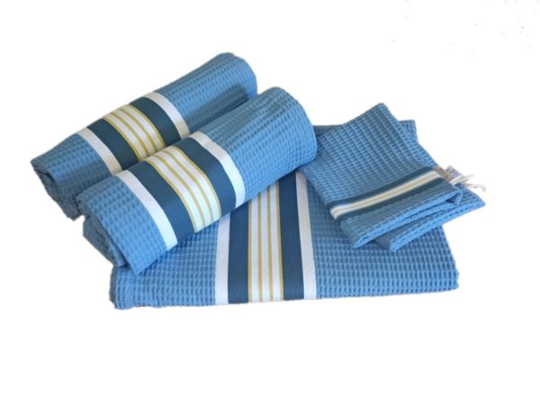Set de bain complet en coton bleu NID D'ABEILLE