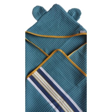 Cape de bain bébé en nid d'abeille bleu avec oreilles